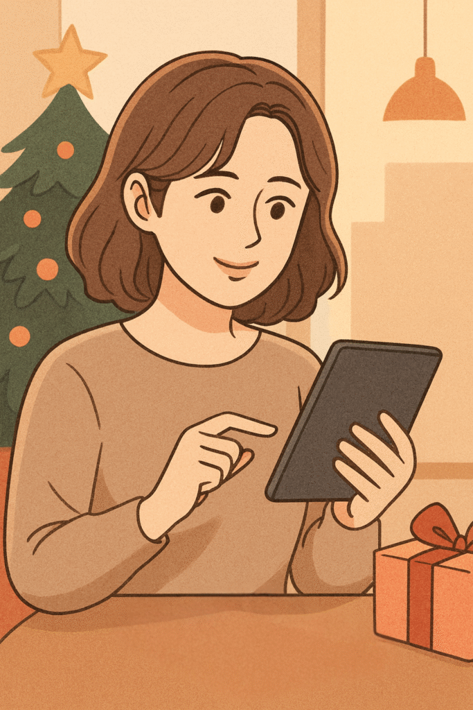 クリスマスにタブレットを購入して喜ぶ女性のイラスト