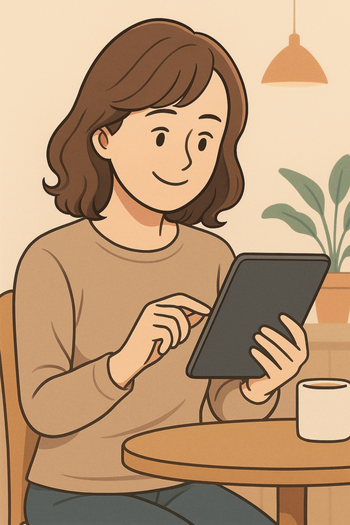 カフェでタブレットを使って副業作業をしている女性のイラスト