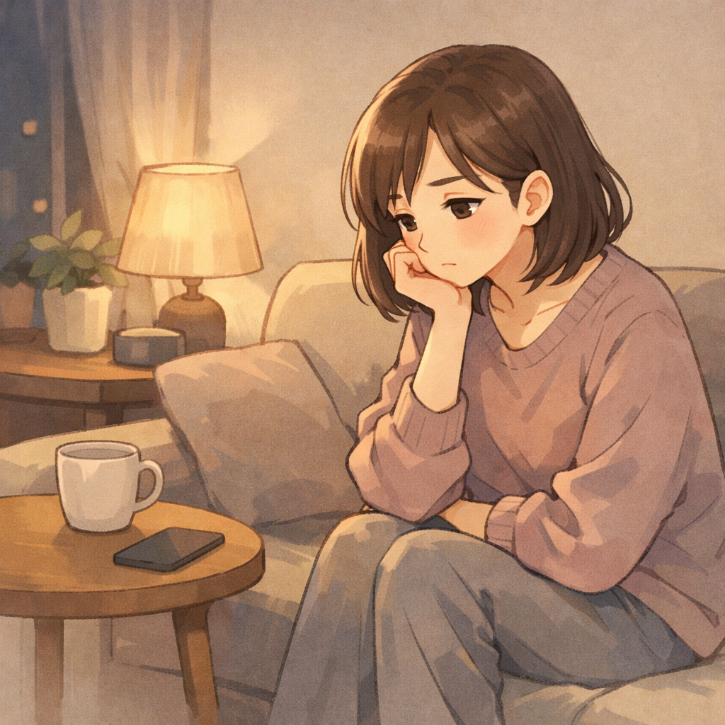 お風呂に入れない理由を考えている女性のイラスト