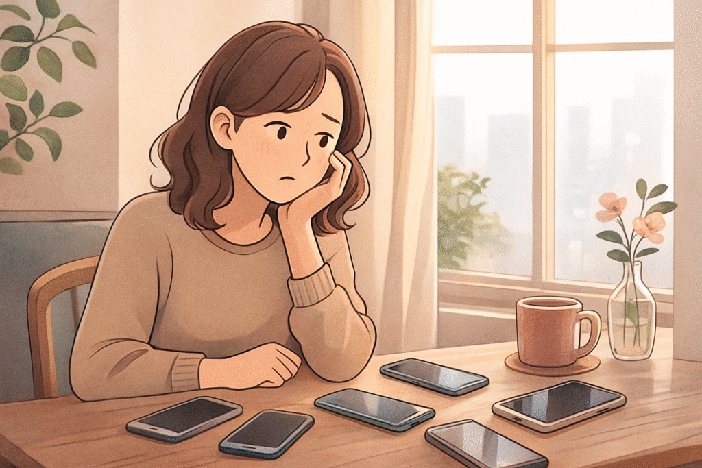 スマホの容量や画面の小ささに悩む働く女性のイラスト