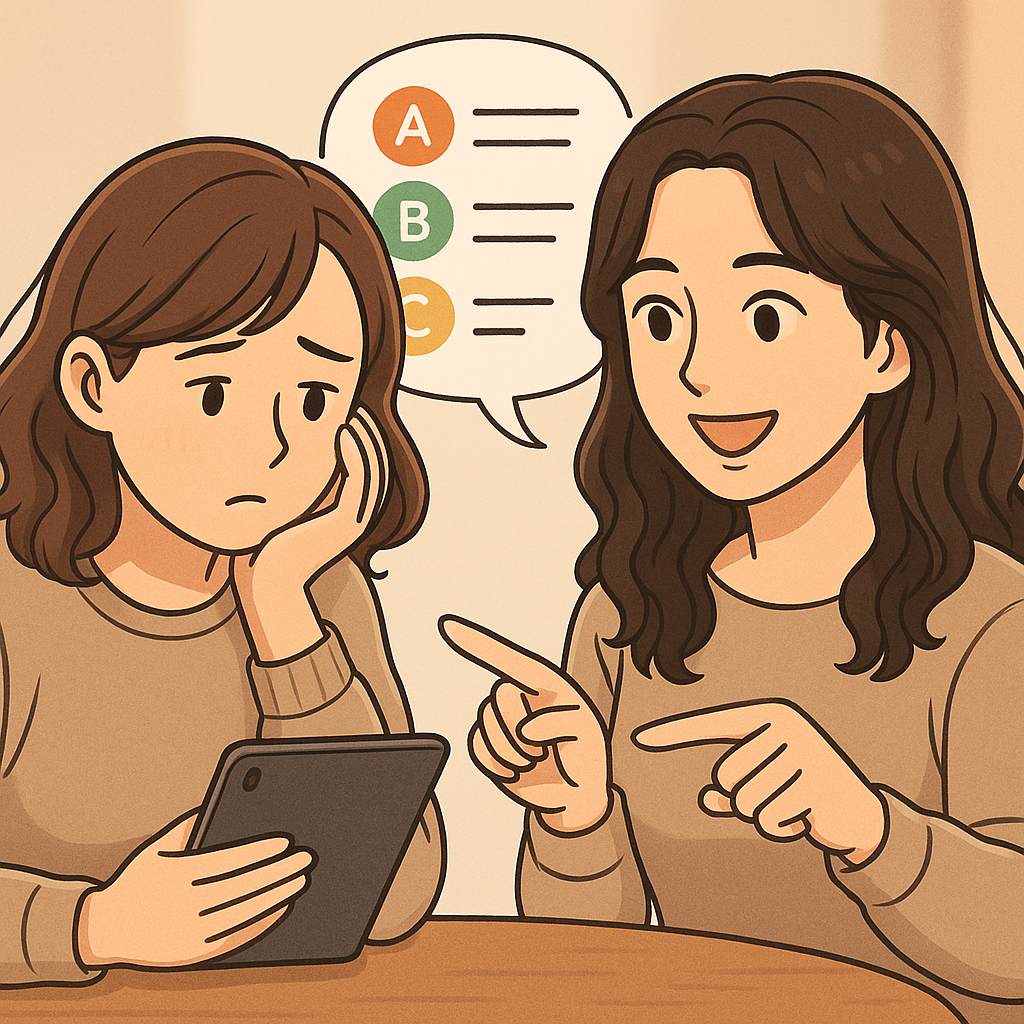 カウンセラーがタブレット選びのアドバイスをしているイラスト