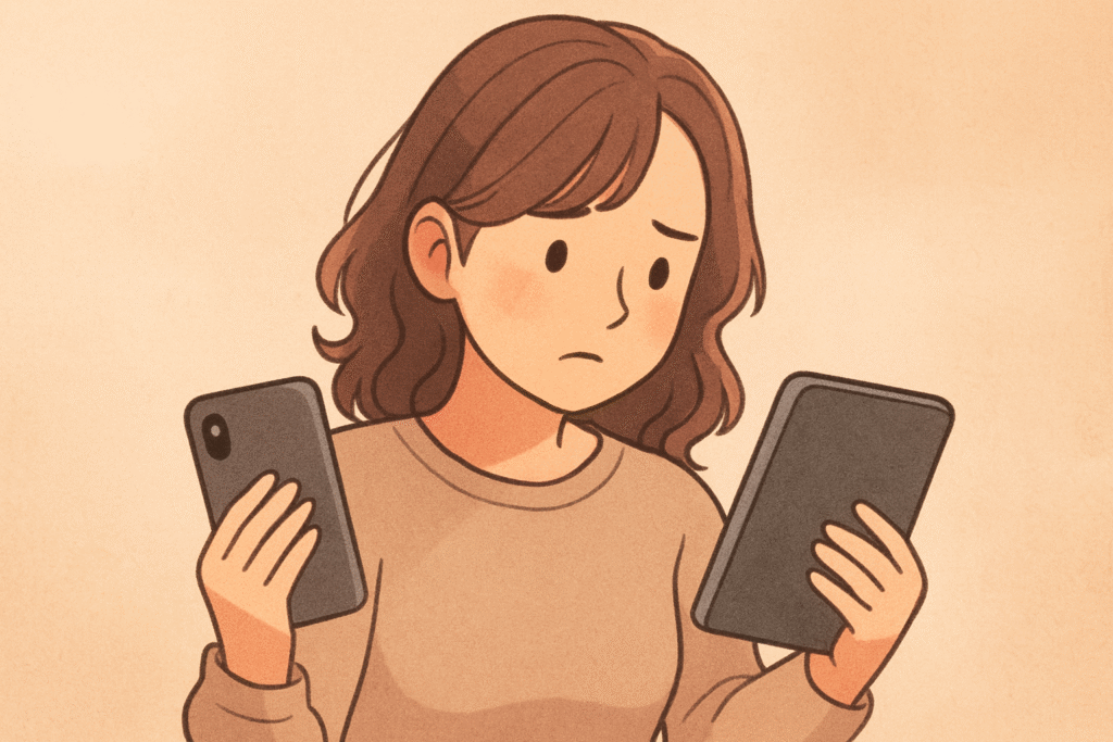スマホとタブレットを並べて比較する女性のイラスト